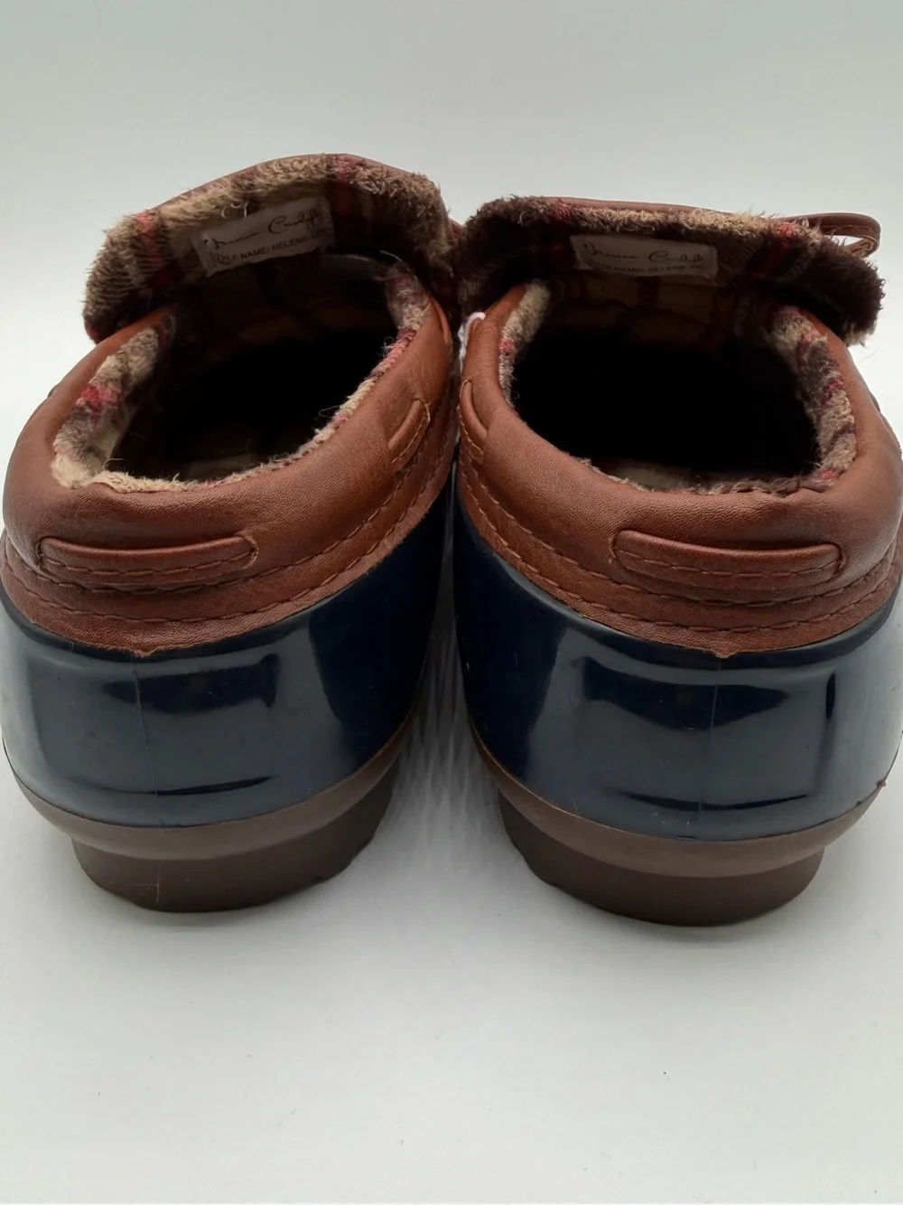 Jessica Carlyle Helene Duck Rain Clogs Plaid Lined Women’s 10 Navy Brown